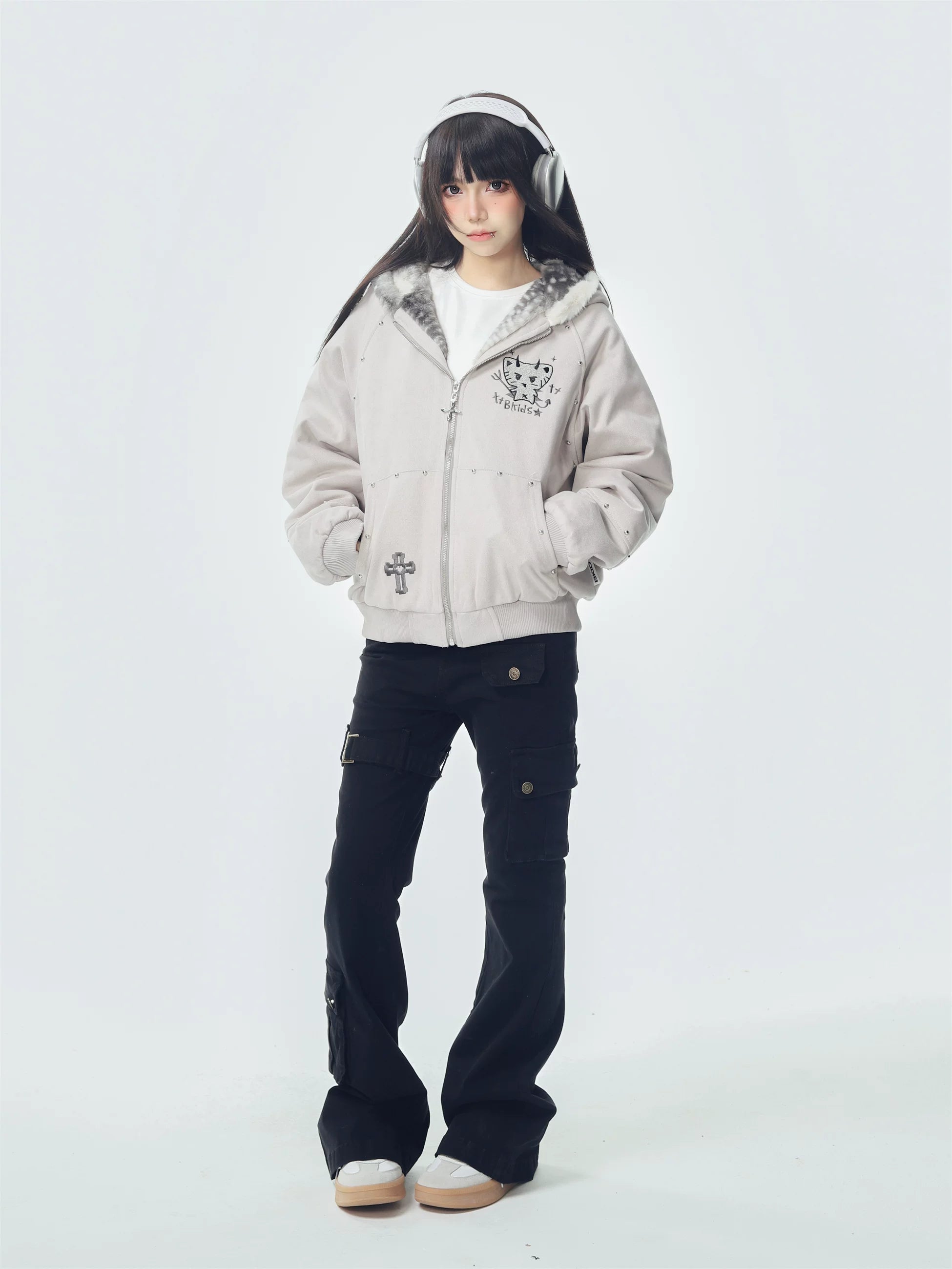 Sanhoostudio hooded puffer jacket featuring devil cat, cross, and mountain eagle graphics. Designed with a relaxed fit, thick padding, and winter insulation for edgy dark street style.