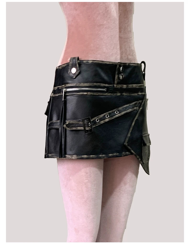 Sanhoostudio Distressed Asymmetric PU Leather Mini Skirt