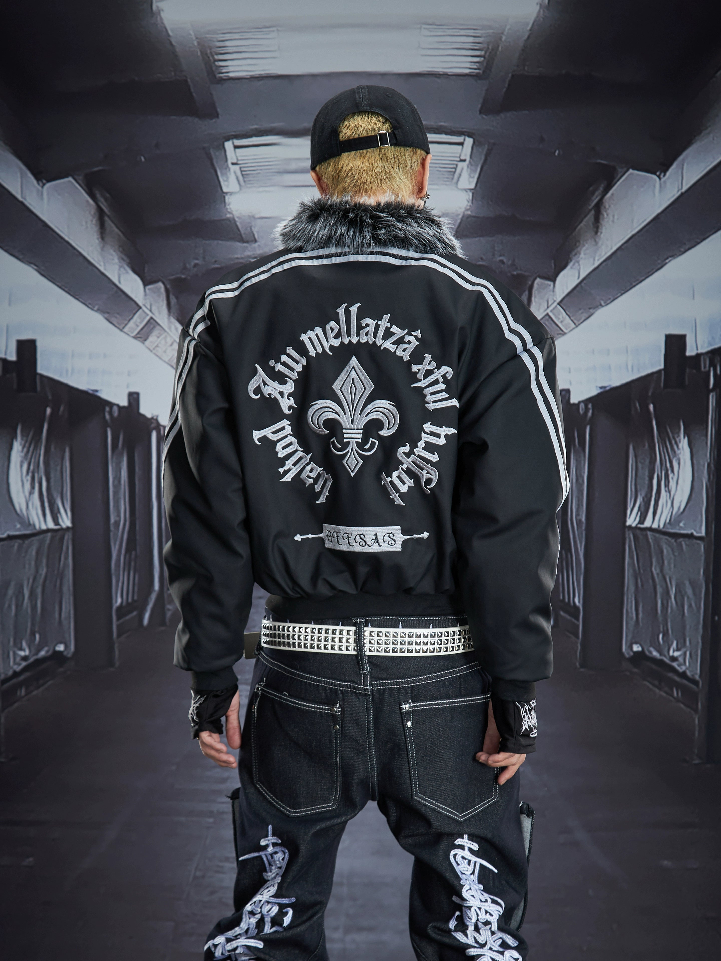 PU Leather Furry-Collar Embroidered Short Padded Jacket