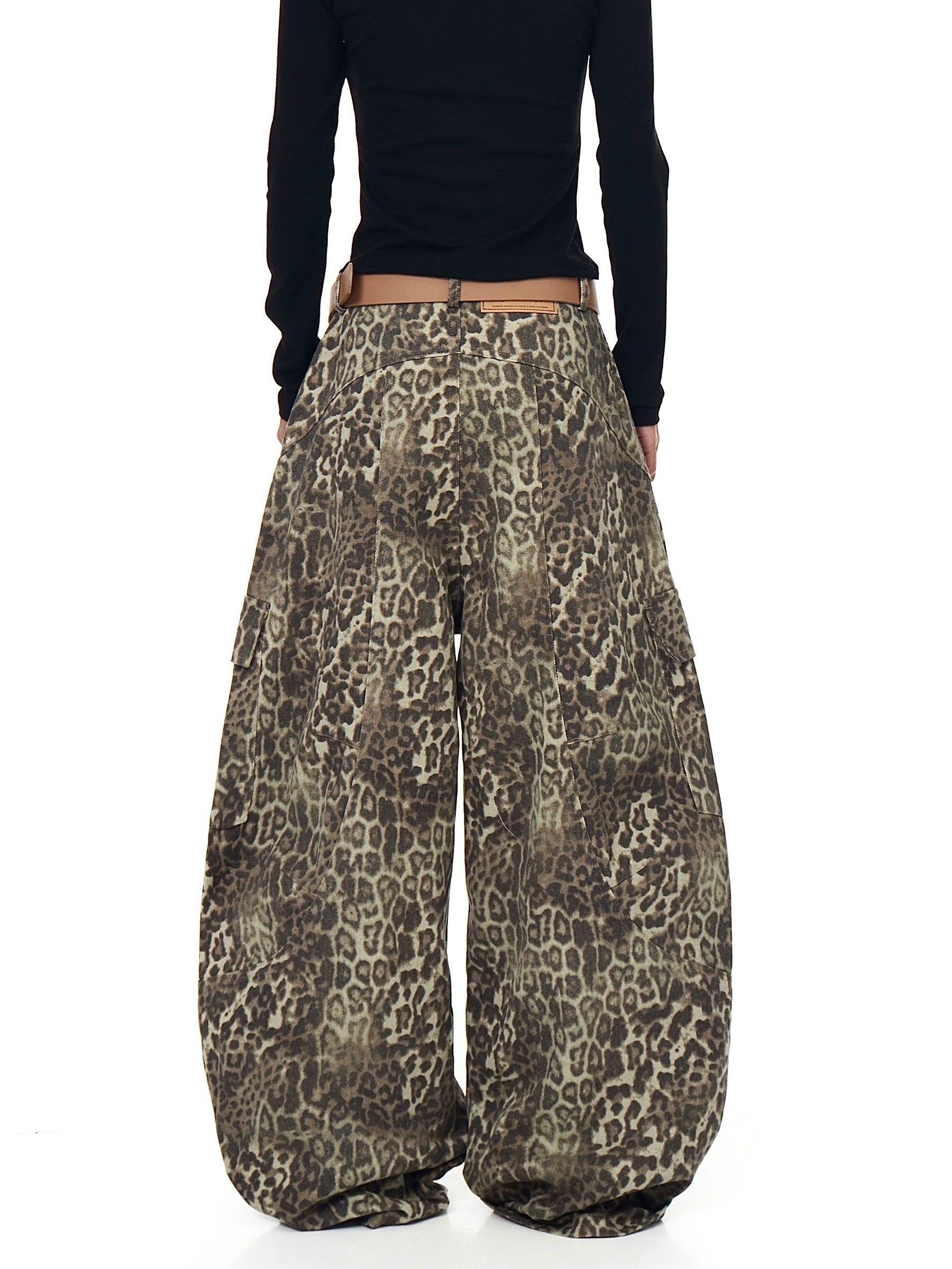 Leopard Multi-Pocket Cargo Denim Wide-Leg Pants