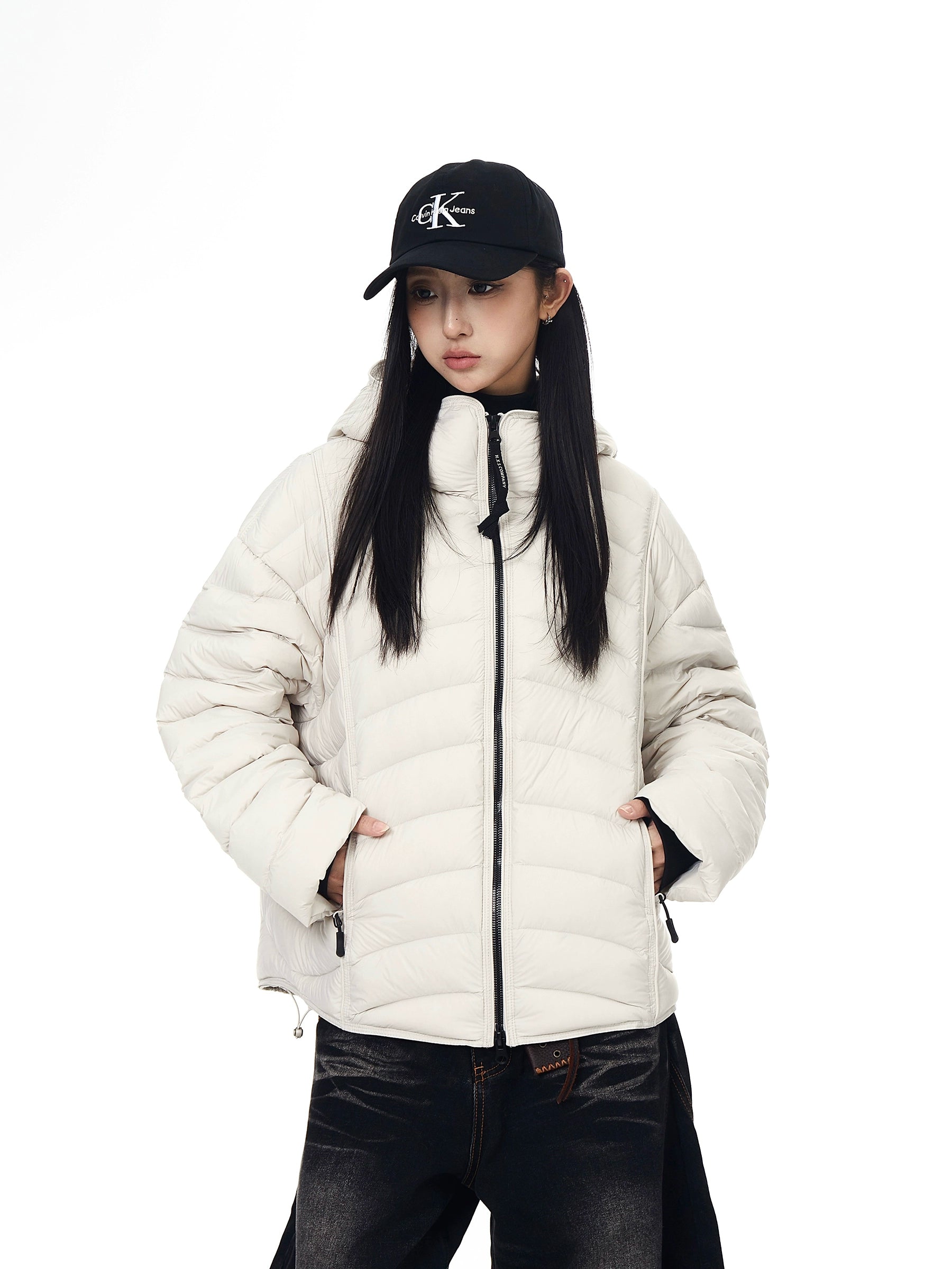 Retro 90% Down Ribbed Shell Hooded Puffer Coat