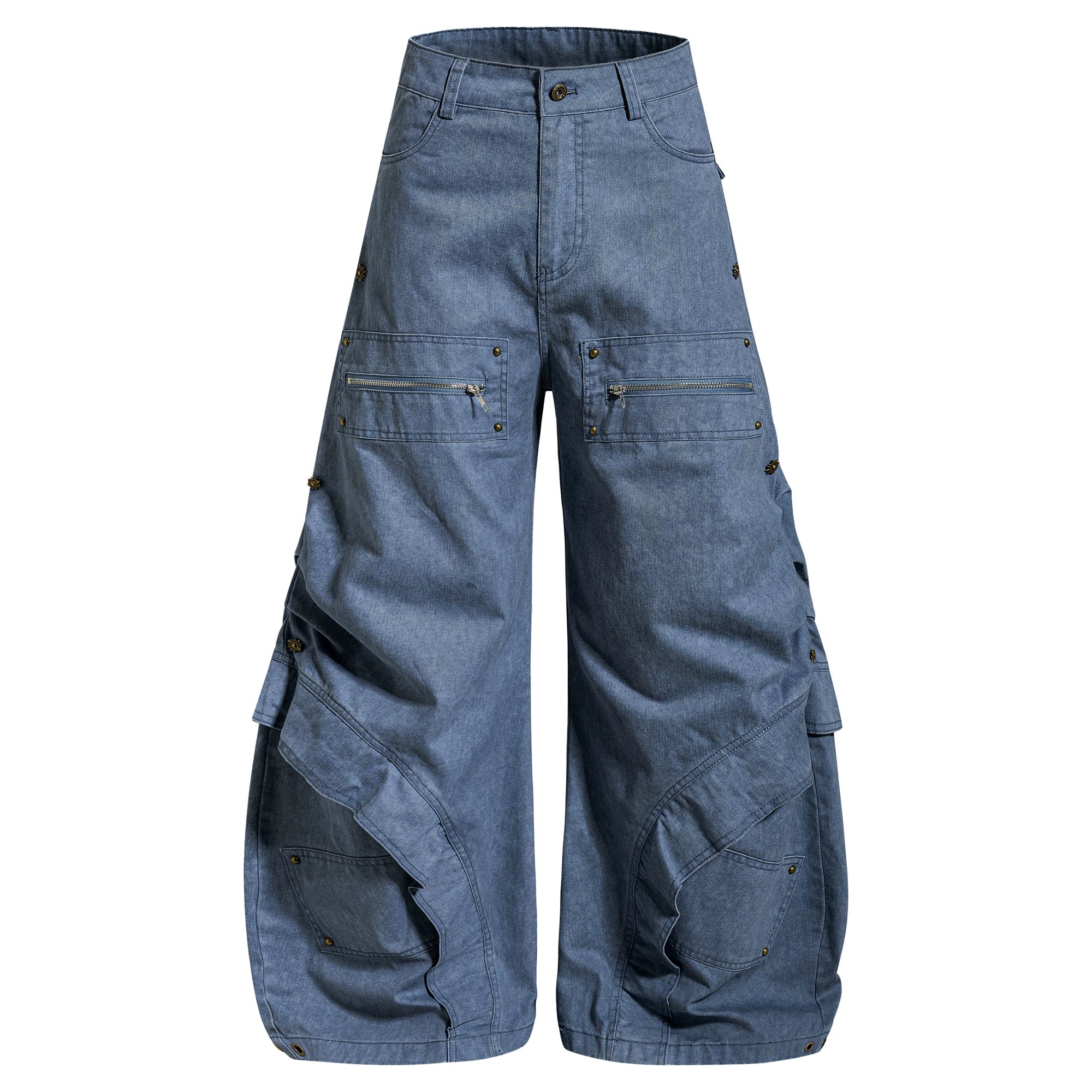 Sanhoostudio workwear denim pants featuring heavy patchwork construction and multiple utility pockets. Designed with a wide leg silhouette for modern streetwear outfits.