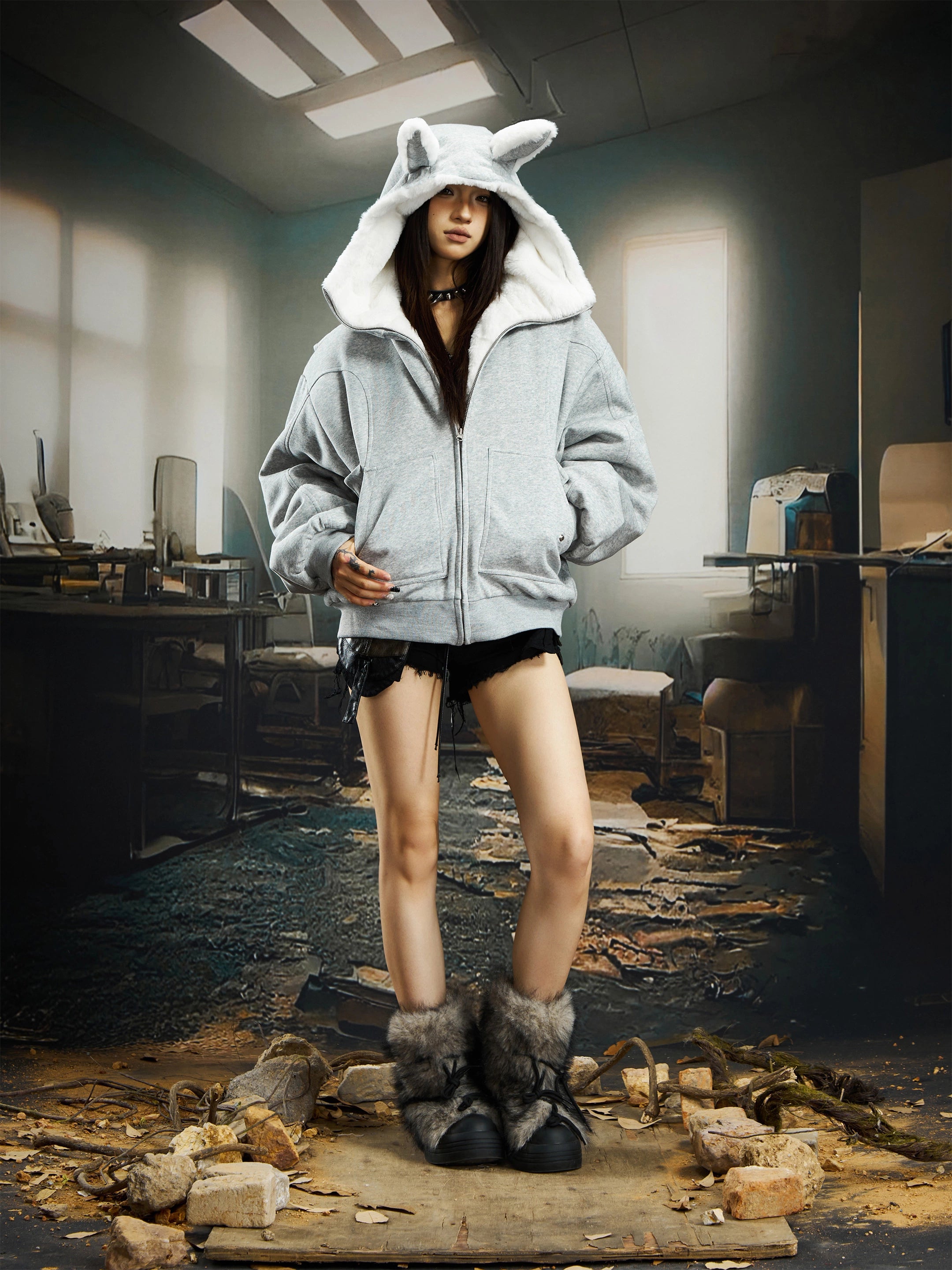 Vintage Bunny-Ear Hooded Sweatshirt Puffer Jacket