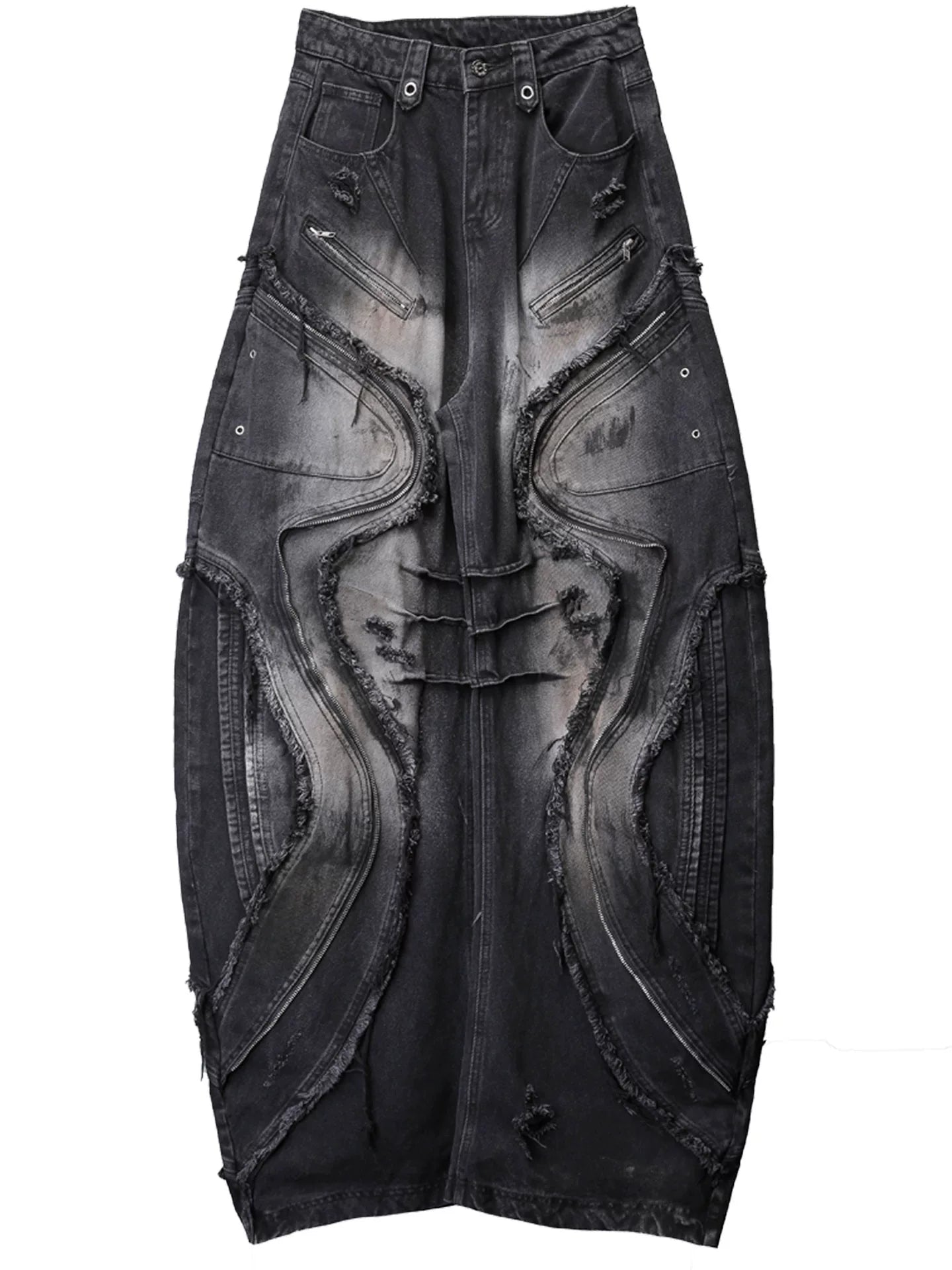 Sanhoostudio denim pants featuring fringe details, deconstructed design, and wide leg silhouette for standout streetwear outfits.