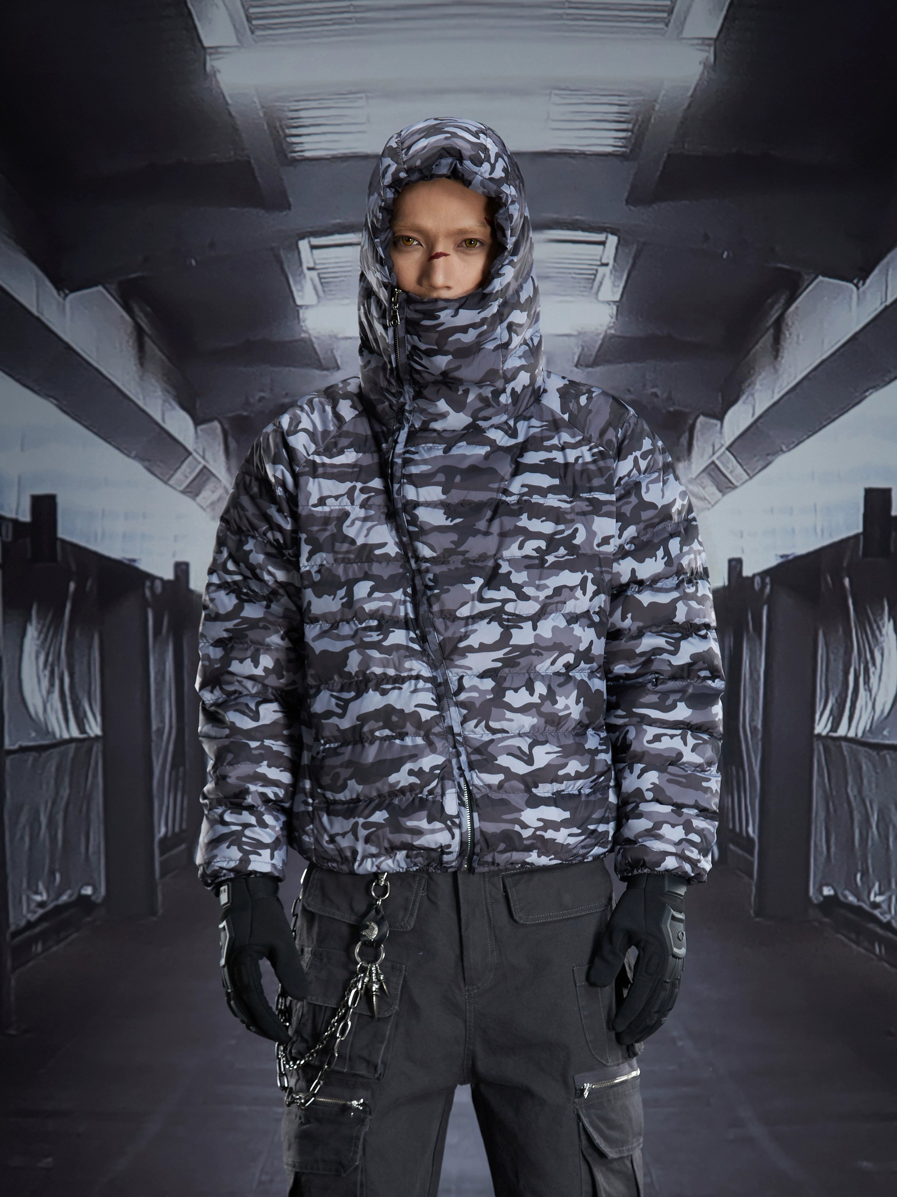 Asymmetric Zip Hooded Camo Down Jacket