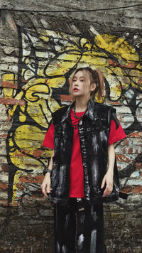Sanhoostudio denim vest featuring sleeveless design, padded shoulders, and structured silhouette for bold streetwear layering.