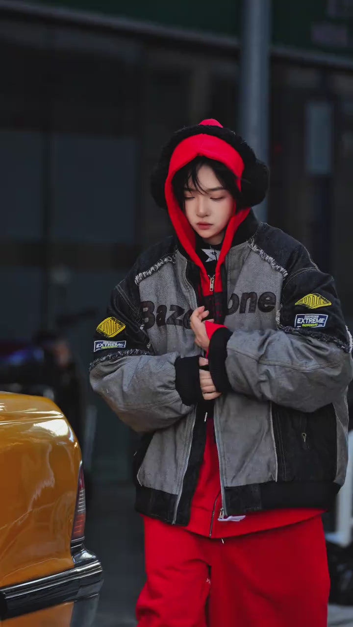 Sanhoostudio fleece hooded down jacket designed with a workwear-inspired silhouette. Built for winter warmth with a loose American streetwear fit.