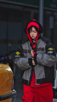 Sanhoostudio fleece hooded down jacket designed with a workwear-inspired silhouette. Built for winter warmth with a loose American streetwear fit.