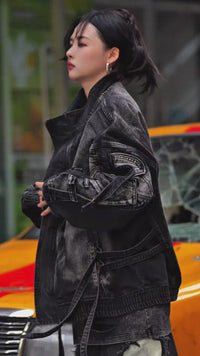 Sanhoostudio denim jacket featuring graffiti artwork, distressed finish, and structured design. Perfect for streetwear layering with a bold aesthetic, durable fabric, and versatile everyday styling.