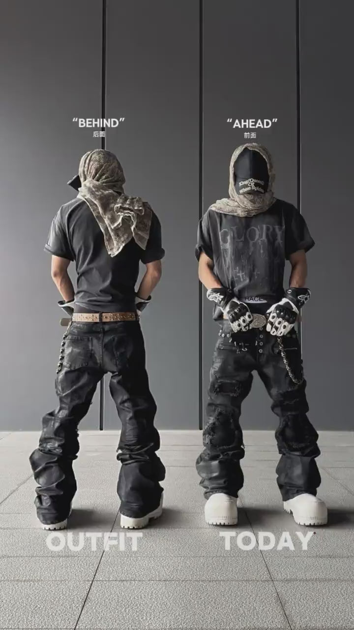 Sanhoostudio wax-finished denim pants made from breathable 100% cotton. Designed with curved cutting, distressed paneling, subtle stretch feel, and straight-leg silhouette for a bold dark street aesthetic.