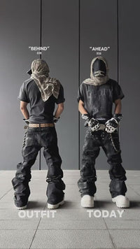 Sanhoostudio wax-finished denim pants made from breathable 100% cotton. Designed with curved cutting, distressed paneling, subtle stretch feel, and straight-leg silhouette for a bold dark street aesthetic.