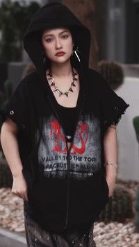 Sanhoostudio hooded vest featuring distressed finish, printed graphics, and sleeveless construction. Designed for layering in streetwear outfits, offering lightweight comfort, flexibility, and a strong modern utility aesthetic.